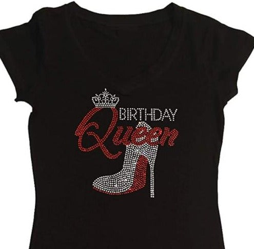 BIRTHDAY QUEEN RED BOTTOM RHINESTONE BLING SHIRT