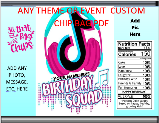 Custom TikTok Style Party Chip Bag | Personalized Favor | Custom Chip Bags | Custom Party Favor | Kids Birthday